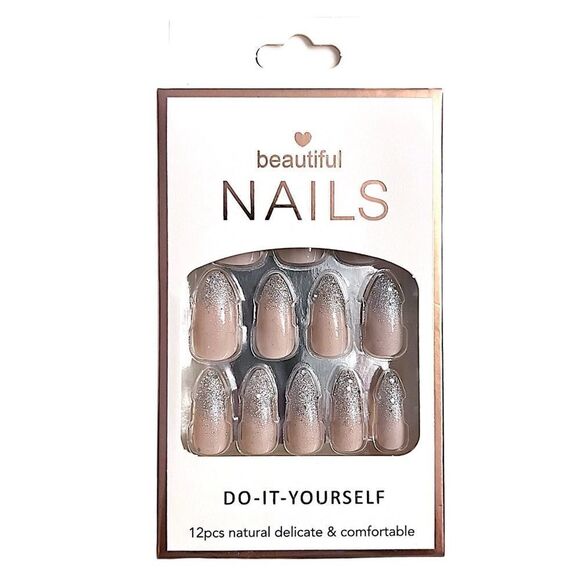 Press On Nails Medium Length In Nude And Silver Glitter Tips Almond Shape NWT - Picture 1 of 2